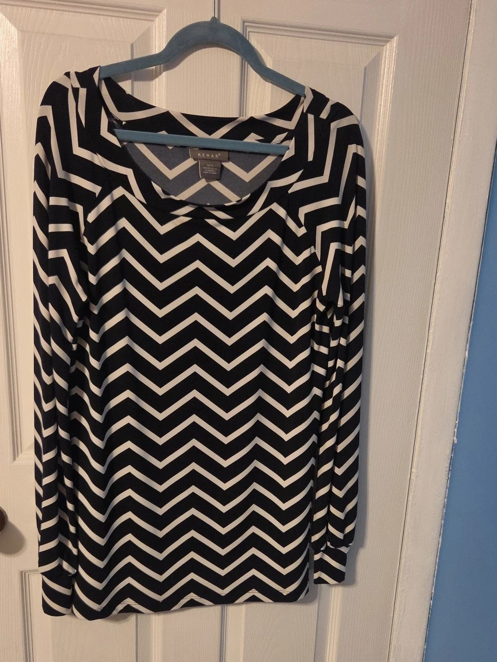 KENAR Geometric Long Sleeve Top in Black & White Size Large Like